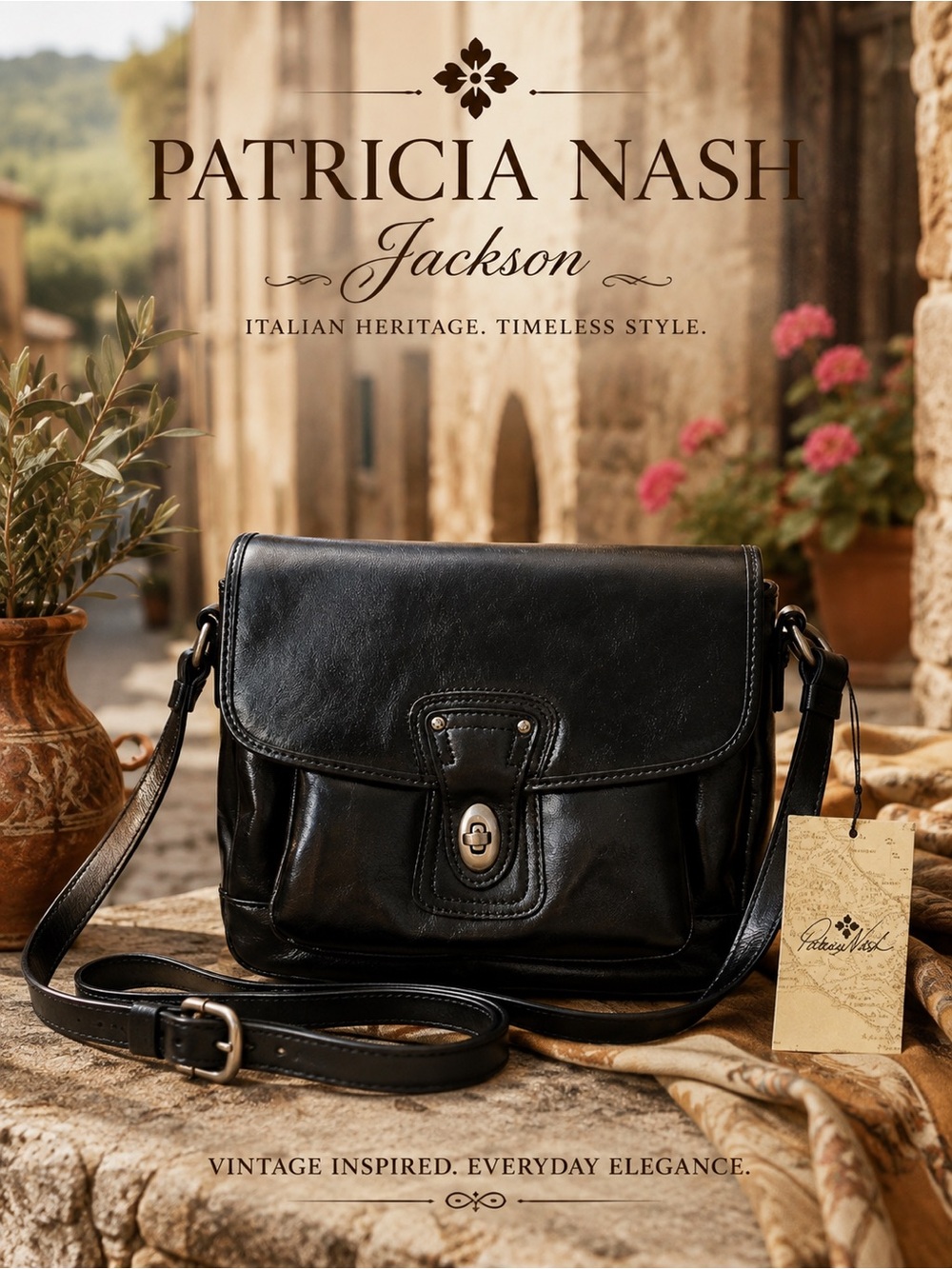 Patricia Nash Jackson Black Leather Turn Lock Crossbody Vintage Satchel Bag NWT